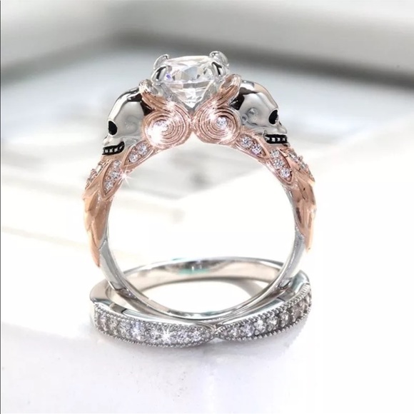 14k white gold skull wedding engagement ring band - Picture 2 of 8